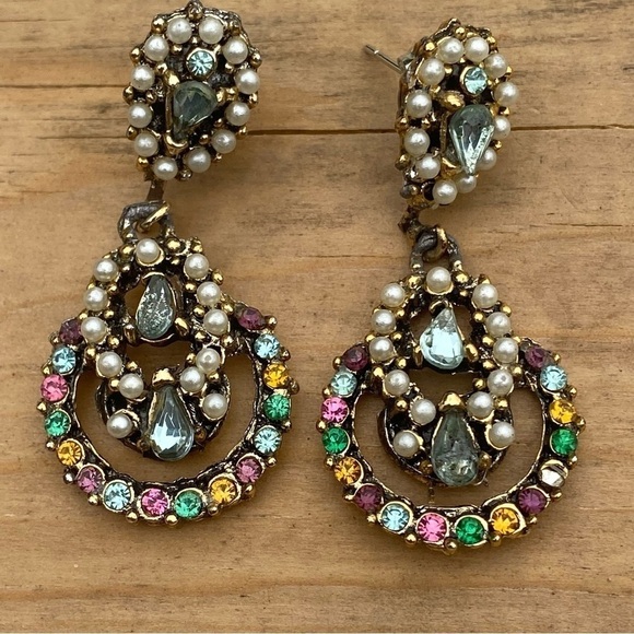 Vintage Jewelry - Vintage Faux Pearl Multicolored Rhinestones Dangling Earrings Pierced